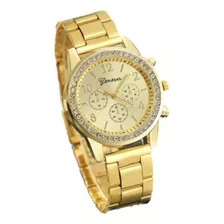 Relógio Feminino Geneva De Pulso Dourado Luxo + Colar E Anel