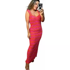 Vestido Longo De Alcinha Em Tricô Estampa Zigzag Cor Rosa