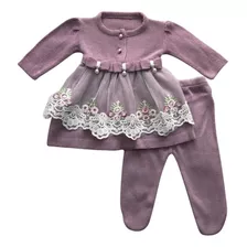 Vestido Bebê Maternidade Tricô Princesa Renda Flor Bordada