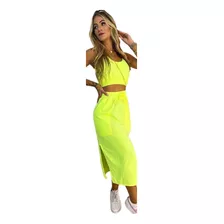 Conjunto Moletom Neon Cropped Feminino Saia Midi Liso Verão