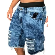 Bermuda Jeans Larga Masculina Sarja Tradicional Rasgada