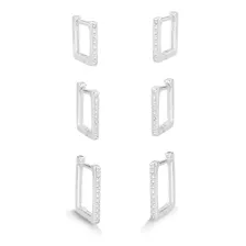 Kit Trio De Brincos Argola Quadrada Zircônias Prata 925