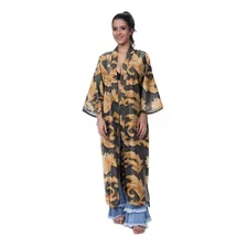 Kimono Haori Estampa Black Gold Floral Tropical Estilo Color