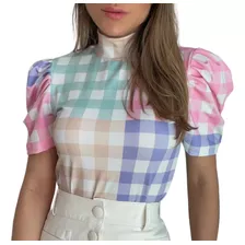 Blusa Feminina Gola Alta Manga Princesa Xadrez Colorido