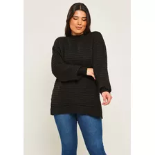 Blusa De Trico Feminina Manga Longa Com Nervuras - Preto