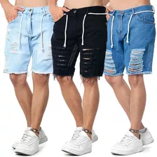 Kit 3 Bermudas Jeans Masculina Rasgada Qualidade Premium