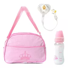 Kit Saida Maternidade Com Bolsa Rosa Com Mamadeira E Chupeta