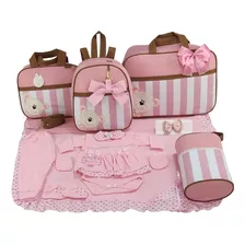 Kit Saida + Bolsa Maternidade 5 Pçs Urso Luxo Rosa