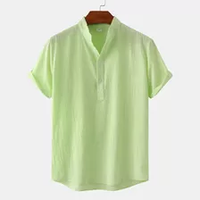 Camisa Verde Con Bandas De Lino Y Algodón Para Hombre, Camis