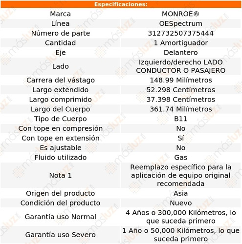 1) Amortiguador Oespectrum Gas Izq/der Del Xa 04/06 Monroe Foto 3