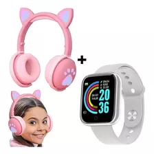 Smartwatch Feminino D20 + Fone Gatinho Meninas Rosa Cor Da Pulseira Fone Rosa Relógio Prata