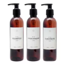 Kit Frascos Âmbar 3pçs Shampoo Cond Sab 240ml Decoração Luxo