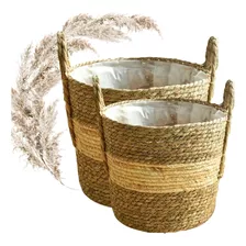 2 Vasos Rattan Cachepot Vime Boho Chic Grande Decoração Casa Cor Palha Trama