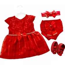 Vestido De Bebê Luxo Com Renda Menina Laço Kit 4 Peças 