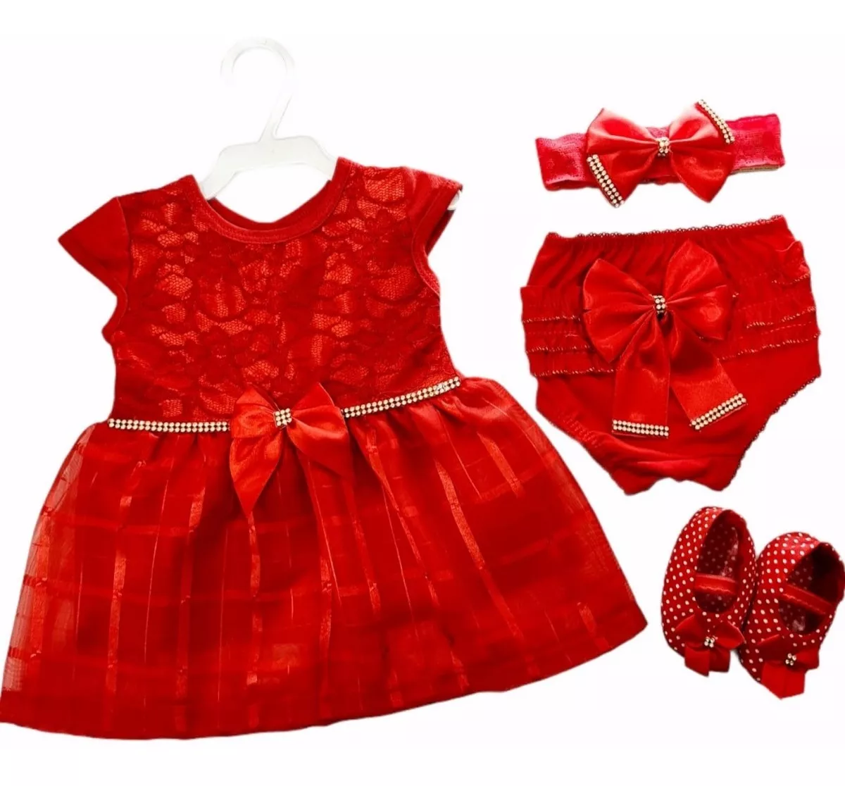 Vestido De Bebê Luxo Com Renda Menina Laço Kit 4 Peças 