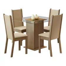 Juego De Comedor 4 Sillas/mesa Living De Vidrio Tapizado Rus Color Marrón Diseño De La Tela De Las Sillas Liso