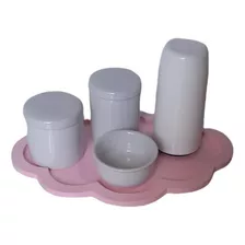 Kit Higiene Bebê Porcelana Branca Bandeja Nuvem Rosa 5 Pçs