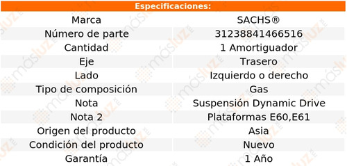 (1) Amortiguador Gas Tras Izq/der Bmw M5 06/10 Sachs Foto 2