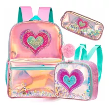 Mochila Escolar Niñas Alta Calidad Kit Con 3 Piezas Corazón