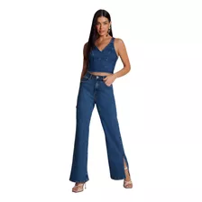 Calça Jeans Lunender Wide Leg Chapa Barriga Azul Médio 