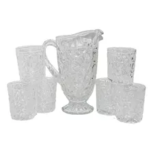 Set Jarra + 6 Vasos De Vidrio Labrado