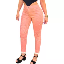 Calça Mom Jeans Sarja Neon Colorida Lycra Bolso Smart Solta