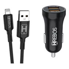 Kit Carregador Veicular 2 Usb 3.1a+ Cabo P/ iPhone Hs-182i Cor Preto