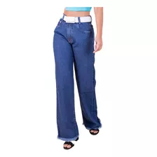 Calça Jeans Wide Leg Lisa Cinto Branco Barra Desfiada Moda