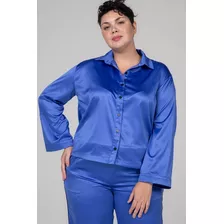 Camisa Manga Longa Cropped Cetim Azul Shiny