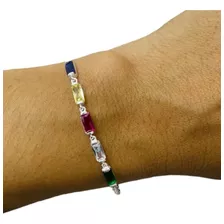 Pulsera Plata 925 Zircones Cubic Rectangulo Colores Regalo 