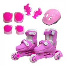 Patins 3 Rodas 2 Em 1 Rosa Com Kit Proteção Tamanho 27/30