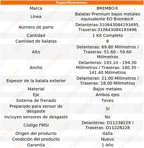 Set Balatas Bajos Metales Del + Tras Gl450 2007/2009 Brembo Foto 2