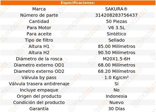 Paquete 50 Filtros Aceite Pilot 6 Cil 3.5l 03/20 Foto 2