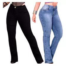 Kit 2 Calça Jeans Feminina Flare Cintura Alta Boca De Sino