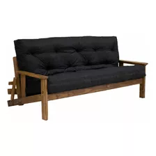 Futón Reclinable Divan Home Soft Color Negro De Tela Jean Y Patas Color Marrón De Madera