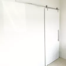 Porta Branca 90cm + Kit De Correr 2m + Puxador Flat Escovado