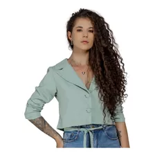 Blazer Feminino Cropped Verde Água Em Linho Elegante Casaco