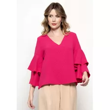 Blusa Bisô Manga Dupla Babados Rosa