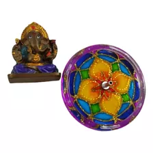 Incensário Redondo Mandala Flor 10cm+ Ganesha 6,5cm