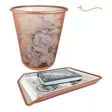 Kit Escritório Lixeira Bandeja Organizadora Papel Rose Gold