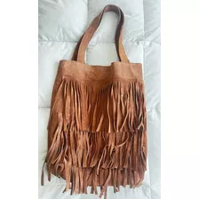 Cartera En Gamuza Marrón Con Flecos, Con Bolsillos, Forrada