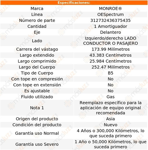 1) Amortiguador Oespectrum Gas Izq/der Del Sc2 93/02 Monroe Foto 3