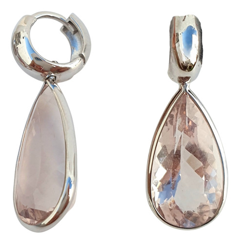 Brinco Argolinha Com Gota De Quartzo Rosa Em Ouro 18k 750 Branco