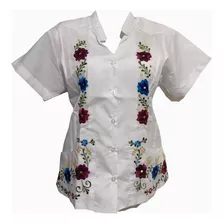 Blusa Guayabera Dama Keymi Bordada Blanco 100% Yucateca