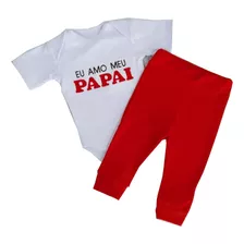 Conjunto Body Curto Bordado Com Calça Eu Amo Meu Papai