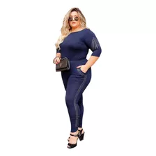 Conjunto Feminino Calça Blusa Com Pedras Lateral P Ao Xg