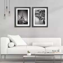 Quadro Veneza Paris Roma Franca Canais Torre Eiffel Kit C/ 2