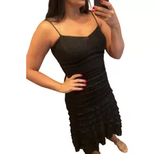 Vestido Midi De Alcinha Com Babado Em Tricô Verão Cor Preto 