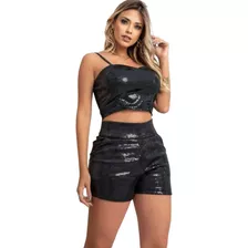 Short Paetê Feminino Curto Bolso Ziper Lateral Cintura Alta