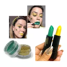 Kit Batom Verde Amarelo Copa Do Mundo + Glitter Sombra